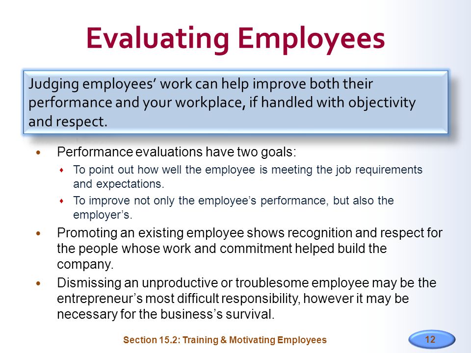 Evaluating Employees Performance evaluations have two goals:  To point out how well the employee is meeting the job requirements and expectations.