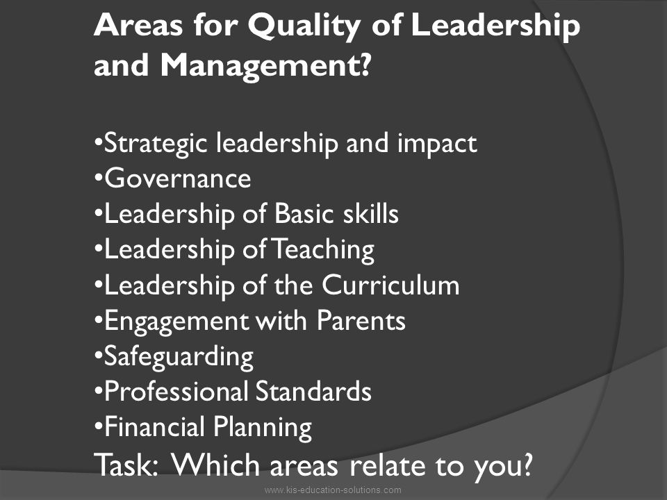 Areas for Quality of Leadership and Management.