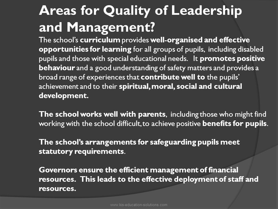 Areas for Quality of Leadership and Management.