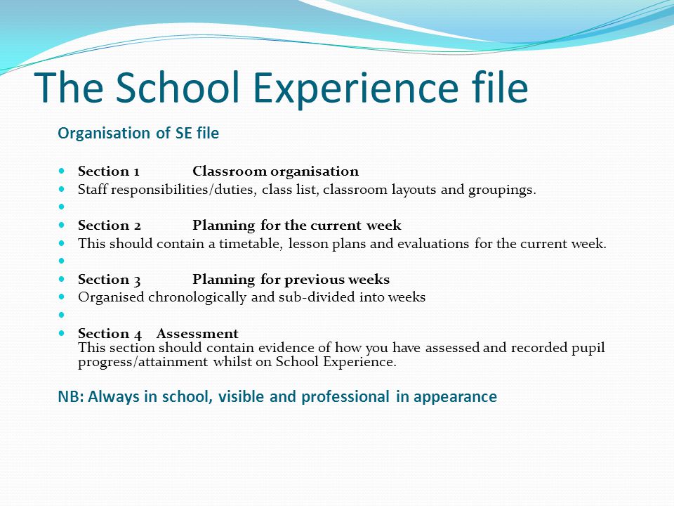 The School Experience file Organisation of SE file Section 1Classroom organisation Staff responsibilities/duties, class list, classroom layouts and groupings.