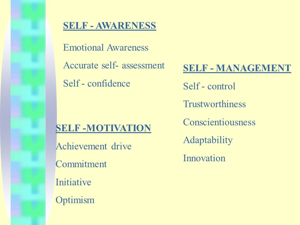Emotional Intelligence Intrapersonal Intelligence Interpersonal Intelligence Self awareness Self management Self motivation Social awareness Social competence