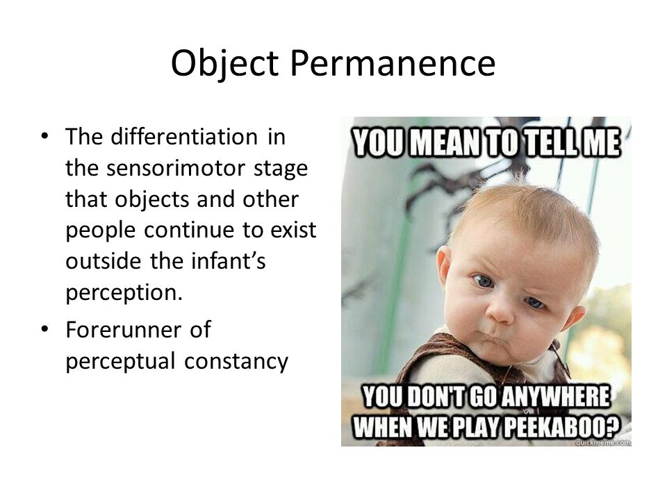 Object Permanence The differentiation in the sensorimotor stage that objects and other people continue to exist outside the infant’s perception.