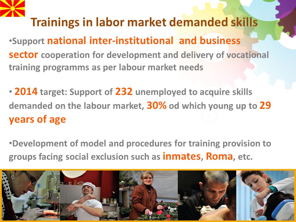 Trainings in labor market demanded skills Support national inter-institutional and business sector cooperation for development and delivery of vocational training programms as per labour market needs 2014 target: Support of 232 unemployed to acquire skills demanded on the labour market, 30% od which young up to 29 years of age Development of model and procedures for training provision to groups facing social exclusion such as inmates, Roma, etc.