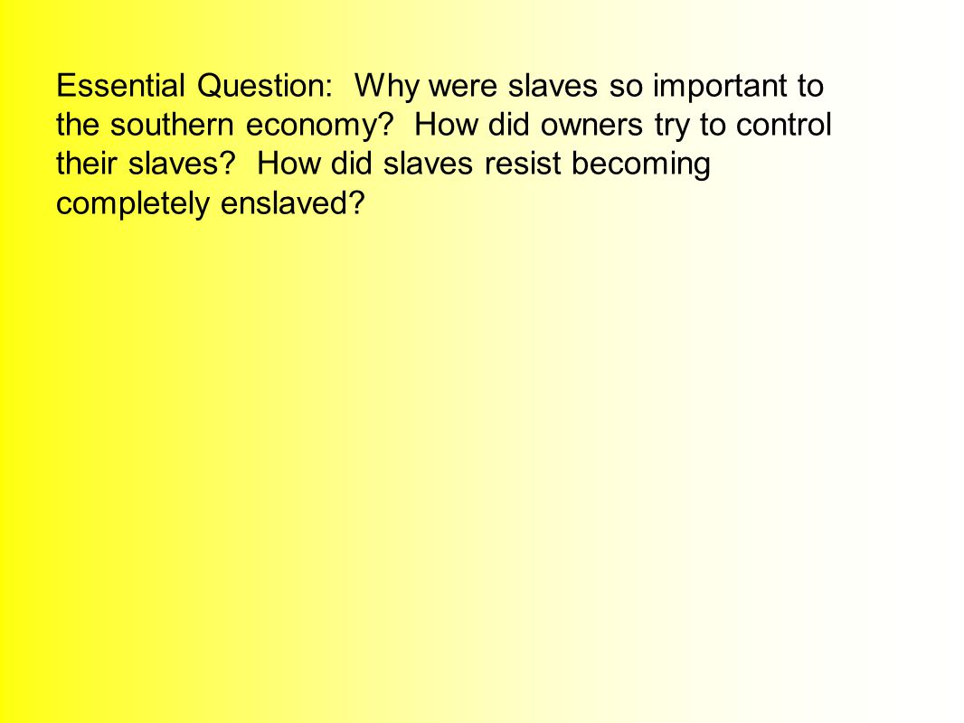 Essential Question: Why were slaves so important to the southern economy.