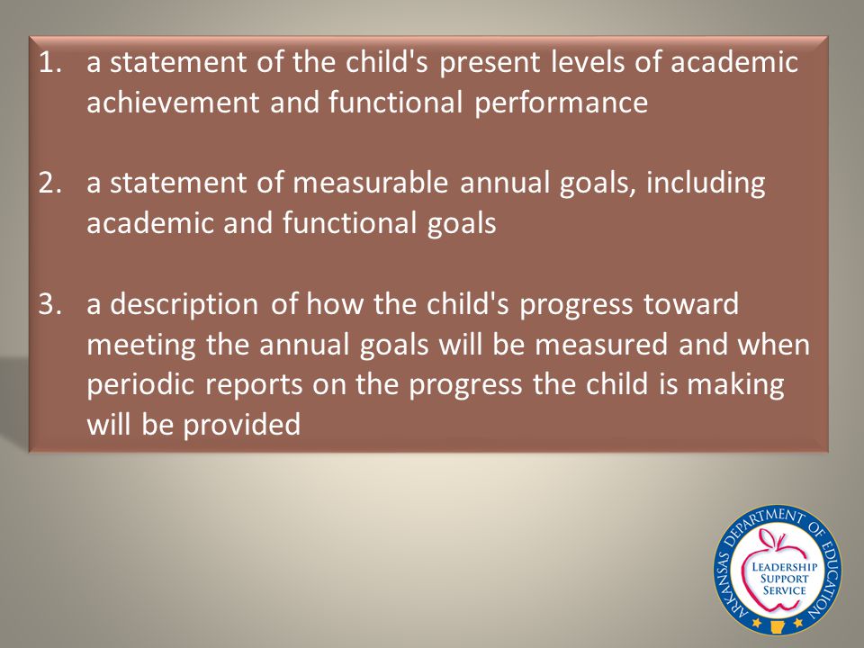 1.a statement of the child s present levels of academic achievement and functional performance 2.a statement of measurable annual goals, including academic and functional goals 3.a description of how the child s progress toward meeting the annual goals will be measured and when periodic reports on the progress the child is making will be provided