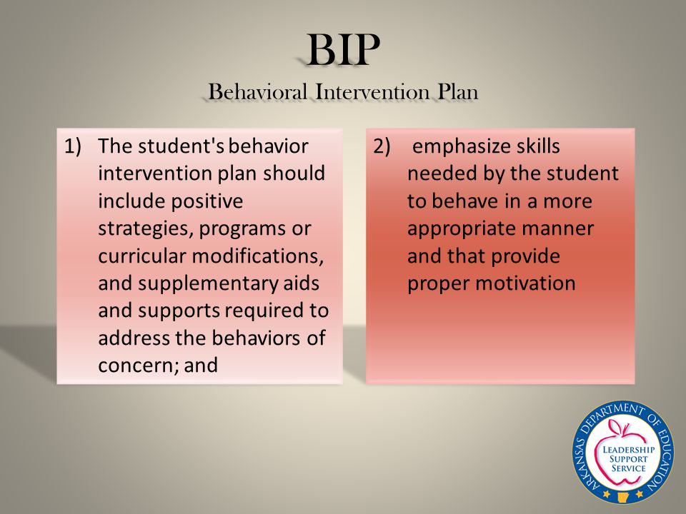 BIP Behavioral Intervention Plan 2) emphasize skills needed by the student to behave in a more appropriate manner and that provide proper motivation 1)The student s behavior intervention plan should include positive strategies, programs or curricular modifications, and supplementary aids and supports required to address the behaviors of concern; and