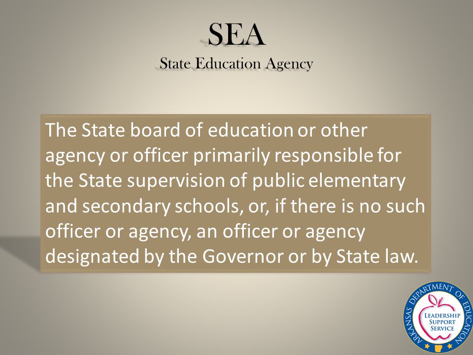 SEA State Education Agency The State board of education or other agency or officer primarily responsible for the State supervision of public elementary and secondary schools, or, if there is no such officer or agency, an officer or agency designated by the Governor or by State law.