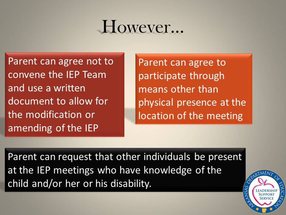 Parent can agree to participate through means other than physical presence at the location of the meeting However… Parent can agree not to convene the IEP Team and use a written document to allow for the modification or amending of the IEP Parent can request that other individuals be present at the IEP meetings who have knowledge of the child and/or her or his disability.