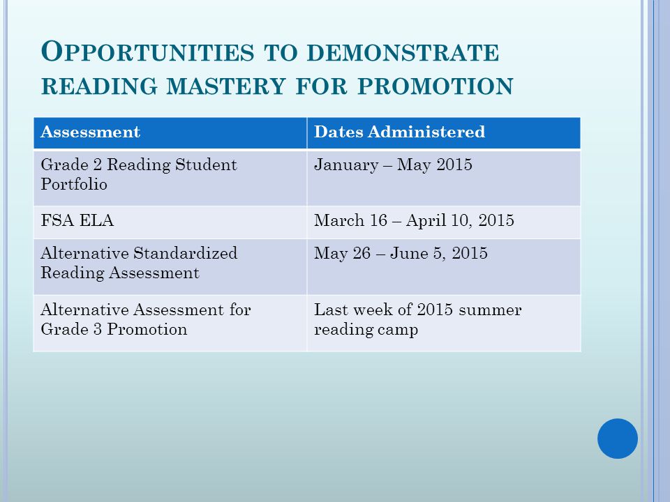 O PPORTUNITIES TO DEMONSTRATE READING MASTERY FOR PROMOTION AssessmentDates Administered Grade 2 Reading Student Portfolio January – May 2015 FSA ELAMarch 16 – April 10, 2015 Alternative Standardized Reading Assessment May 26 – June 5, 2015 Alternative Assessment for Grade 3 Promotion Last week of 2015 summer reading camp