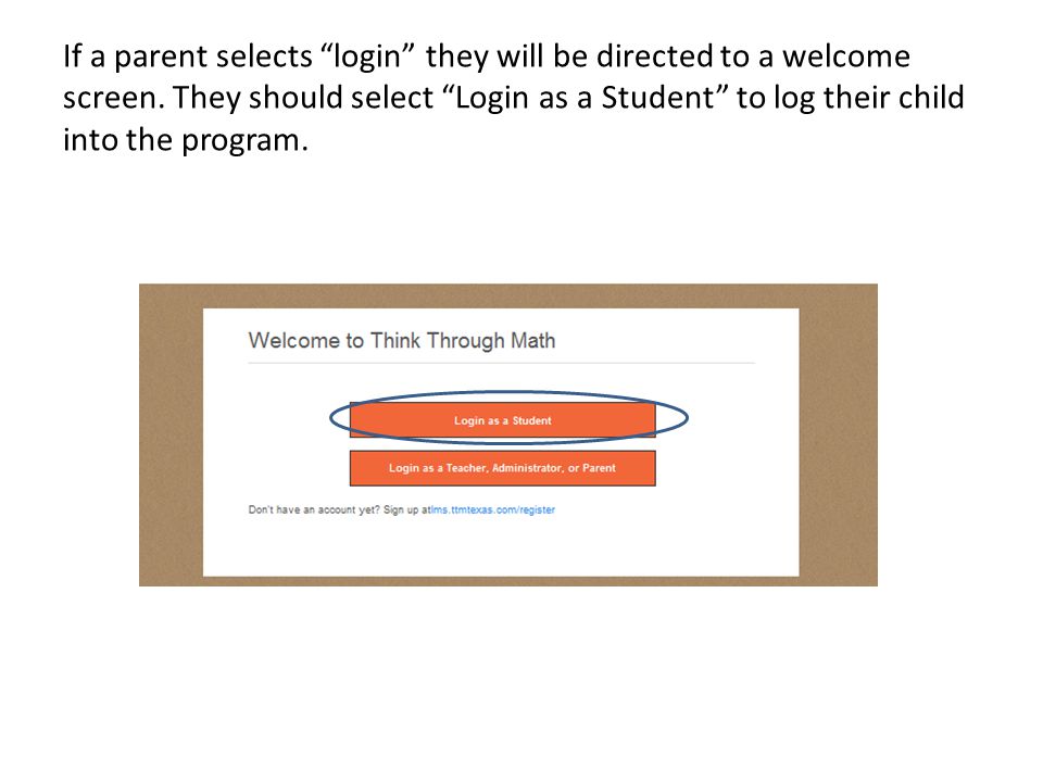 If a parent selects login they will be directed to a welcome screen.