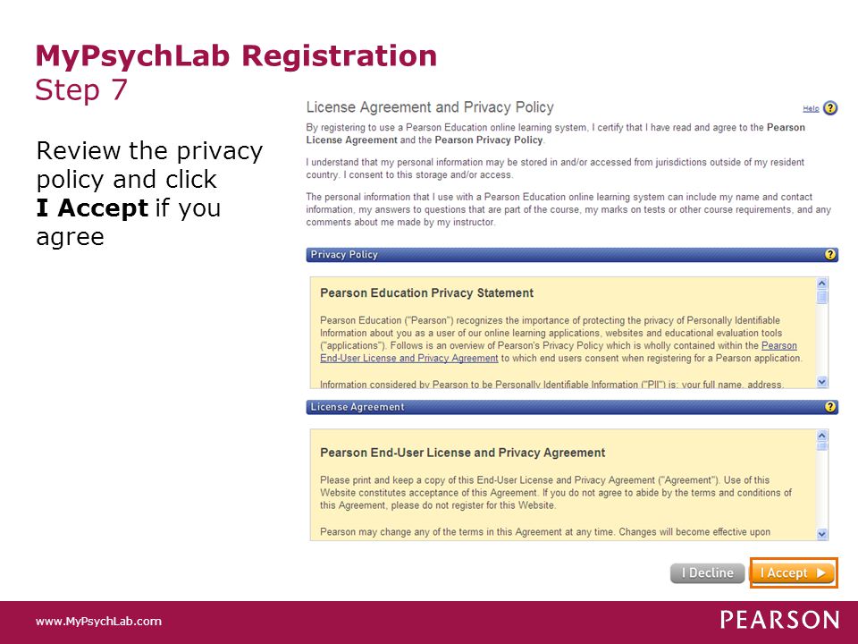 MyPsychLab Registration Step 7 Review the privacy policy and click I Accept if you agree