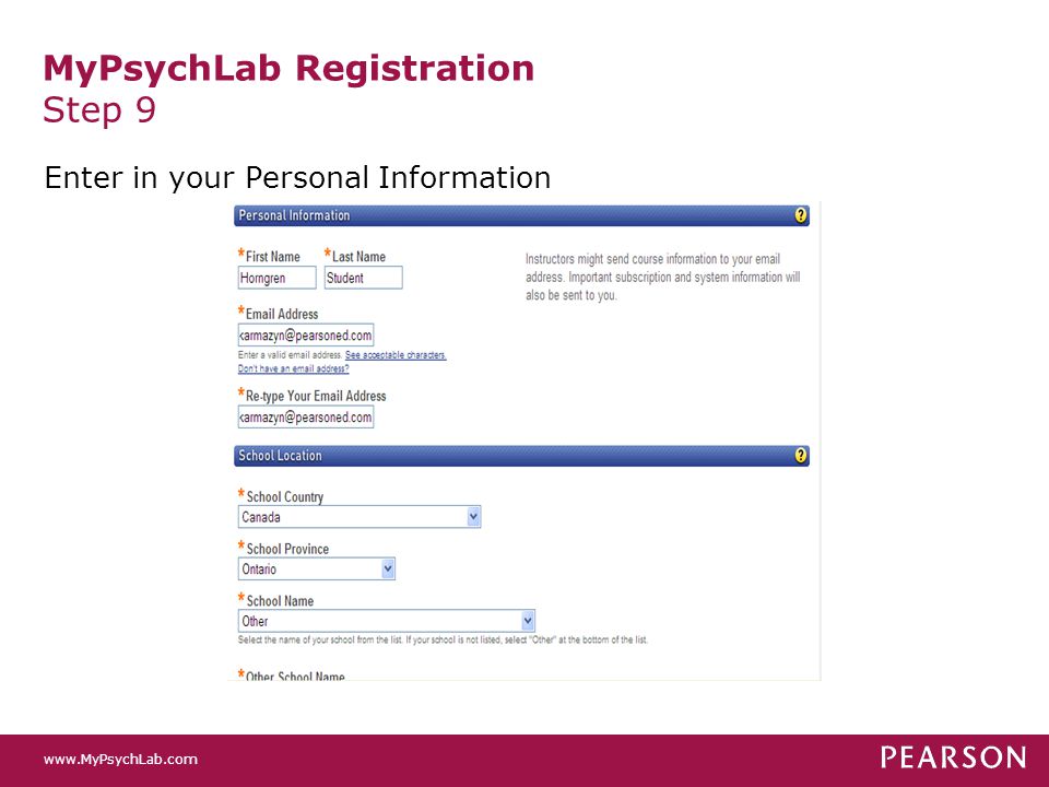 MyPsychLab Registration Step 9 Enter in your Personal Information