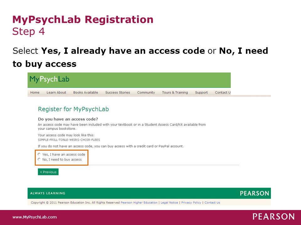 MyPsychLab Registration Step 4 Select Yes, I already have an access code or No, I need to buy access
