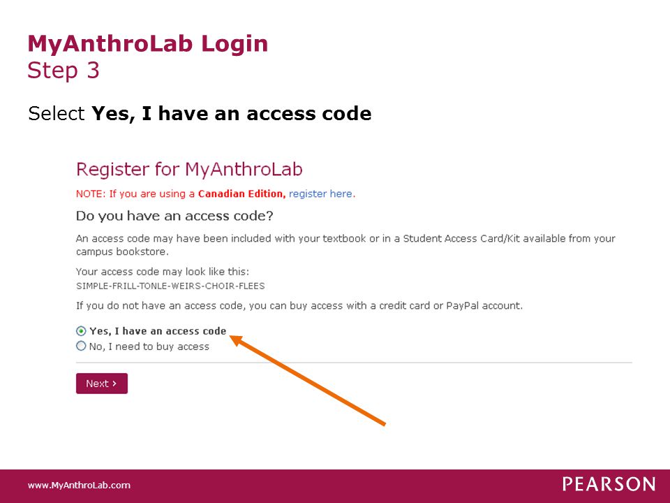 MyAnthroLab Login Step 3 Select Yes, I have an access code