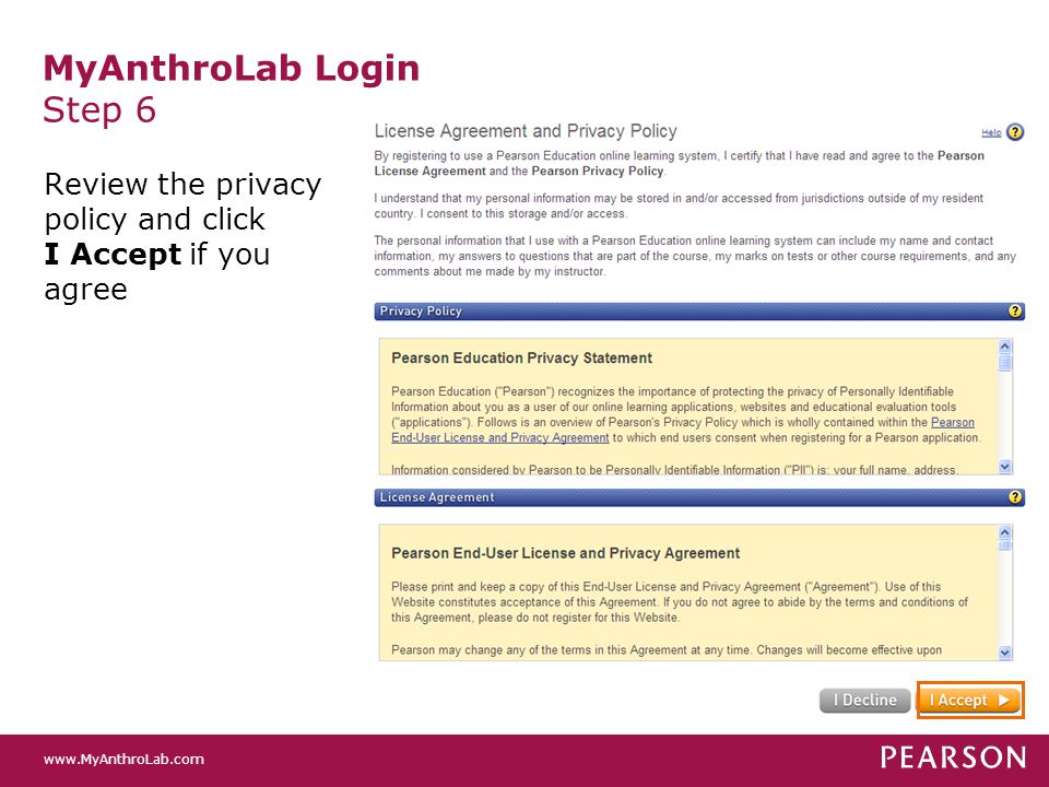 MyAnthroLab Login Step 6 Review the privacy policy and click I Accept if you agree