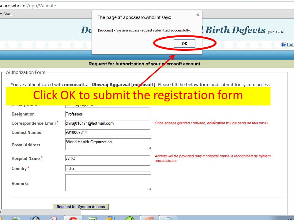 Click OK to submit the registration form