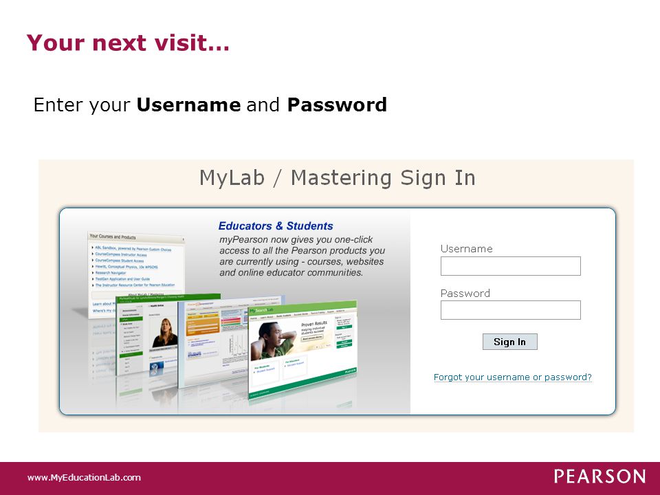 Your next visit… Enter your Username and Password