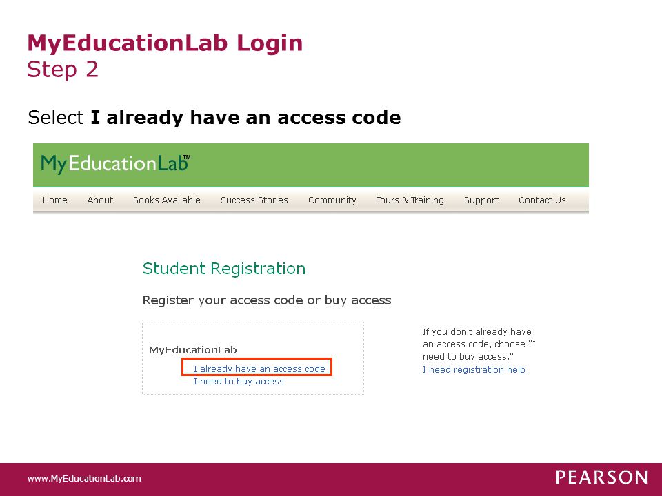 MyEducationLab Login Step 2 Select I already have an access code
