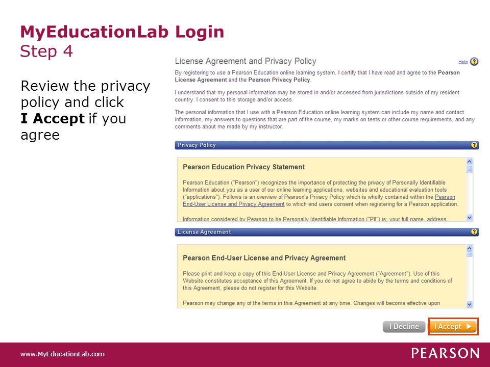 MyEducationLab Login Step 4 Review the privacy policy and click I Accept if you agree
