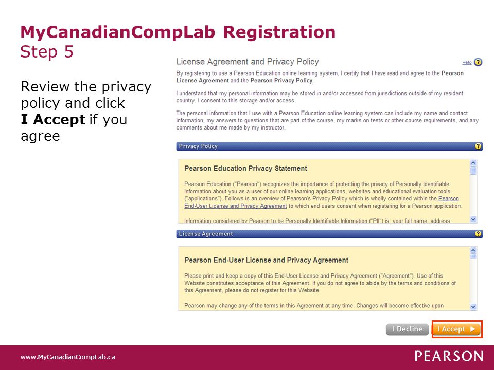 MyCanadianCompLab Registration Step 5 Review the privacy policy and click I Accept if you agree
