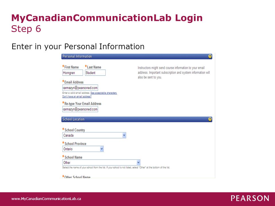 MyCanadianCommunicationLab Login Step 6 Enter in your Personal Information