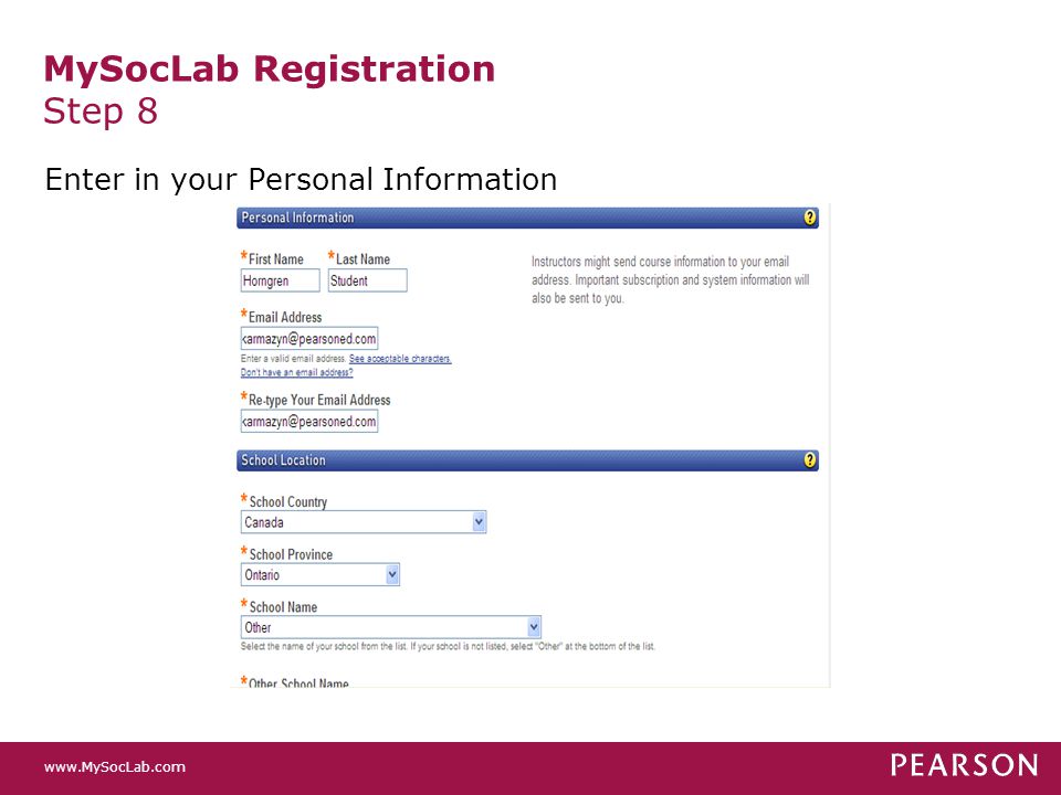 MySocLab Registration Step 8 Enter in your Personal Information