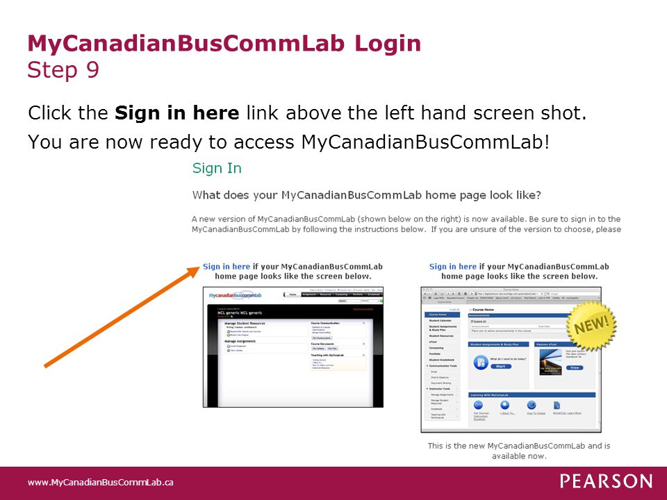 MyCanadianBusCommLab Login Step 9 Click the Sign in here link above the left hand screen shot.