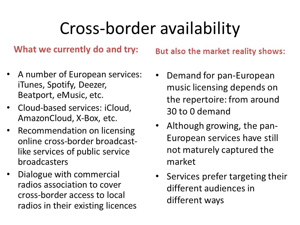 Cross-border availability What we currently do and try: A number of European services: iTunes, Spotify, Deezer, Beatport, eMusic, etc.