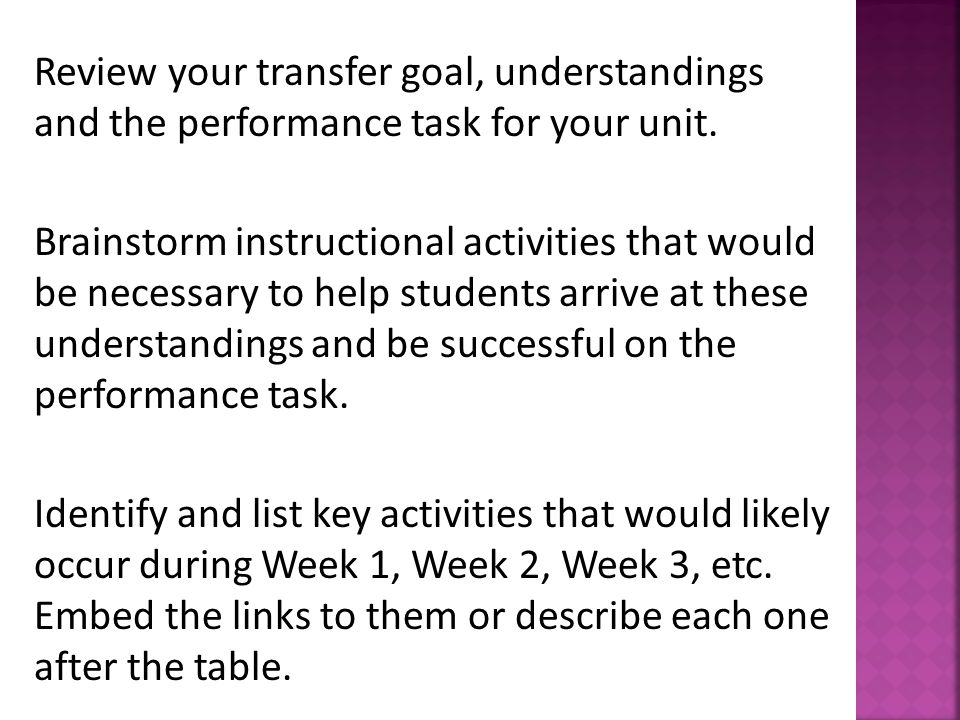 Review your transfer goal, understandings and the performance task for your unit.