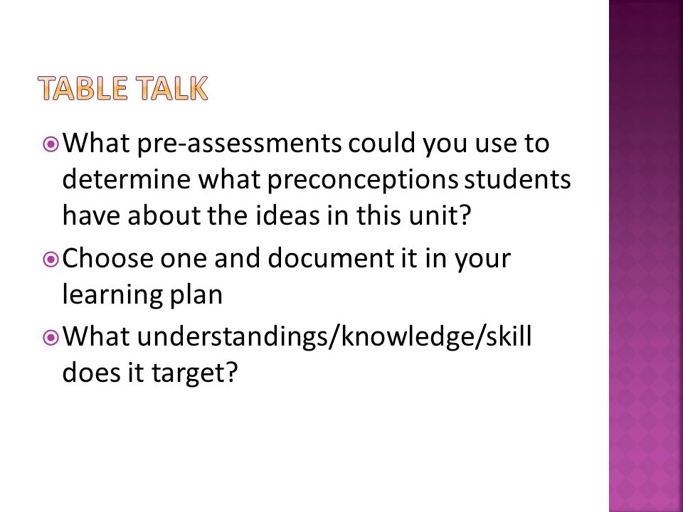  What pre-assessments could you use to determine what preconceptions students have about the ideas in this unit.