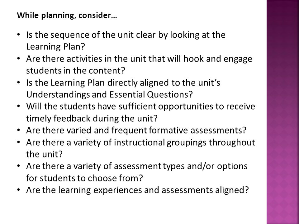 Is the sequence of the unit clear by looking at the Learning Plan.