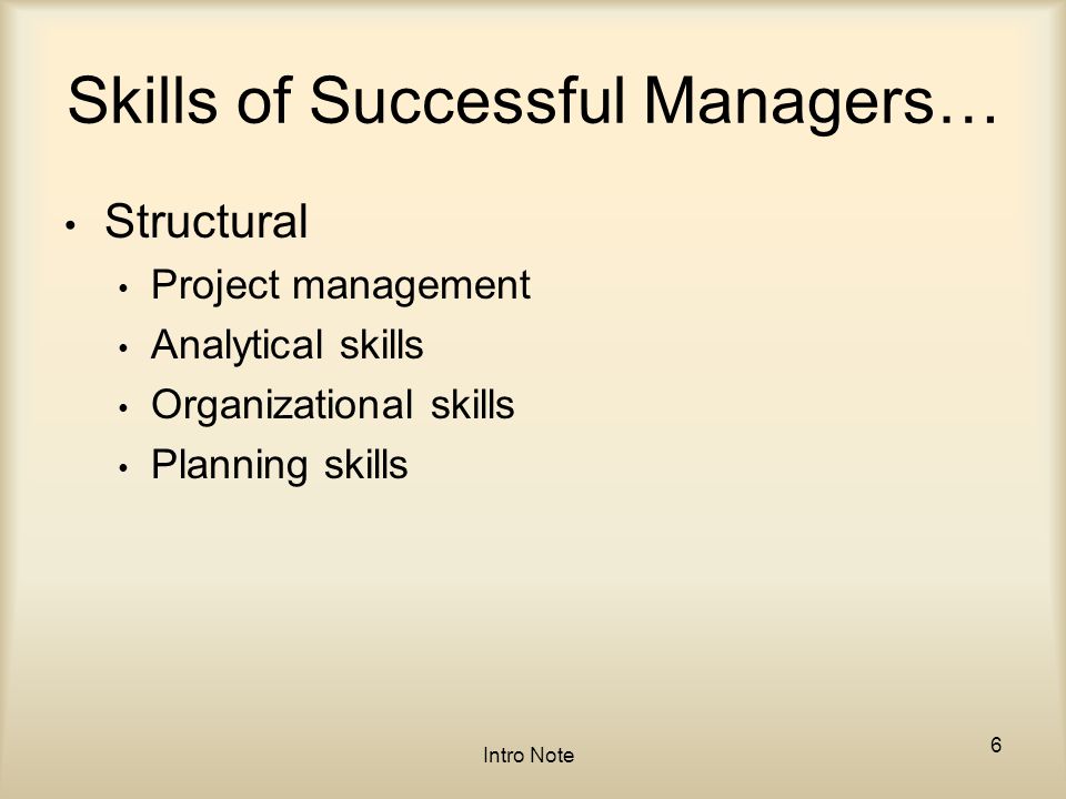 Skills of Successful Managers… Structural Project management Analytical skills Organizational skills Planning skills Intro Note 6