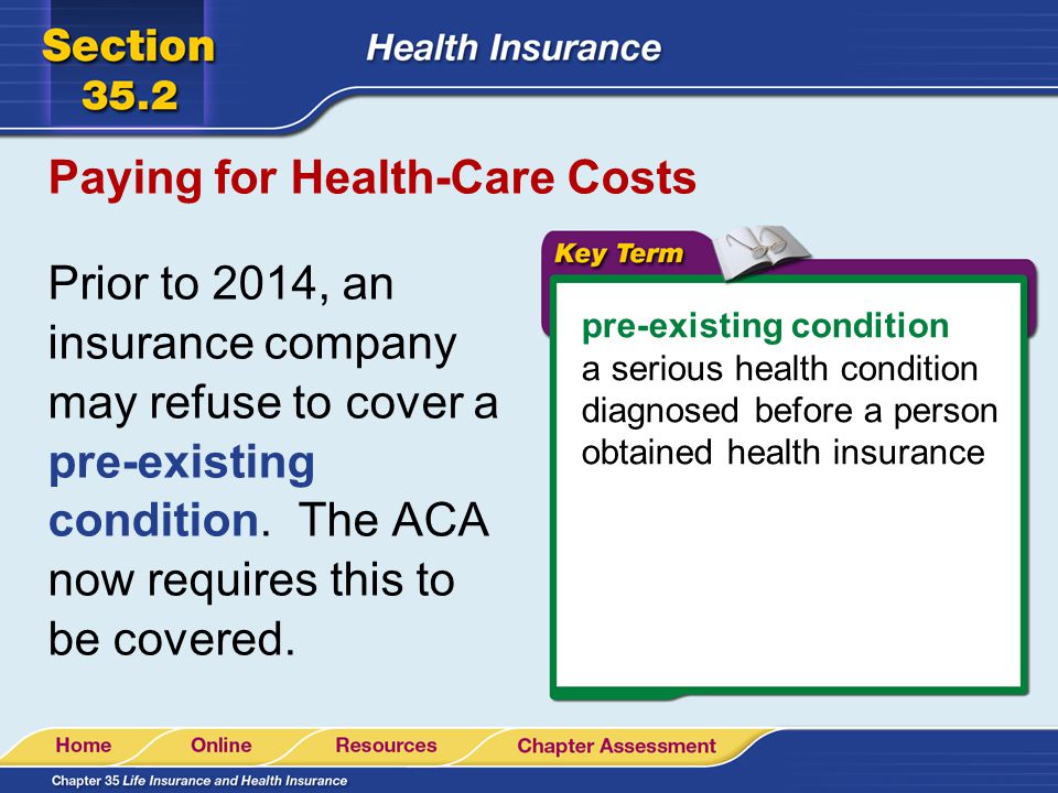 Paying for Health-Care Costs Prior to 2014, an insurance company may refuse to cover a pre-existing condition.