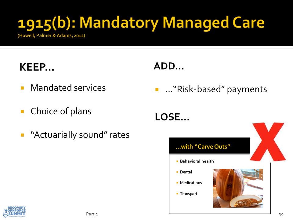KEEP…  Mandated services  Choice of plans  Actuarially sound rates ADD…  … Risk-based payments 30 LOSE… Part 2