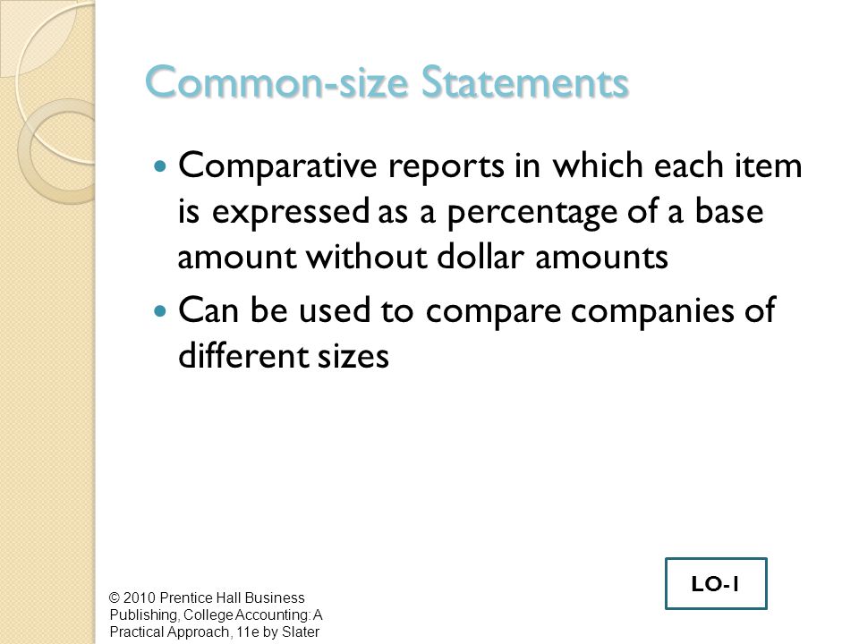 Common-size Statements Comparative reports in which each item is expressed as a percentage of a base amount without dollar amounts Can be used to compare companies of different sizes © 2010 Prentice Hall Business Publishing, College Accounting: A Practical Approach, 11e by Slater LO-1