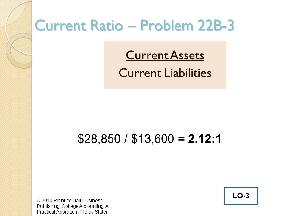 Current Ratio – Problem 22B-3 Current Assets Current Liabilities © 2010 Prentice Hall Business Publishing, College Accounting: A Practical Approach, 11e by Slater $28,850 / $13,600 = 2.12:1 LO-3