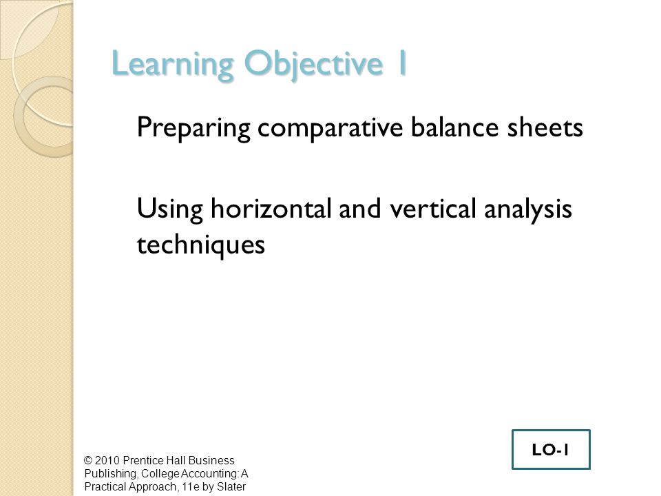 Learning Objective 1 Preparing comparative balance sheets Using horizontal and vertical analysis techniques © 2010 Prentice Hall Business Publishing, College Accounting: A Practical Approach, 11e by Slater LO-1