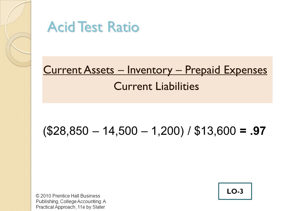 Acid Test Ratio Current Assets – Inventory – Prepaid Expenses Current Liabilities © 2010 Prentice Hall Business Publishing, College Accounting: A Practical Approach, 11e by Slater ($28,850 – 14,500 – 1,200) / $13,600 =.97 LO-3