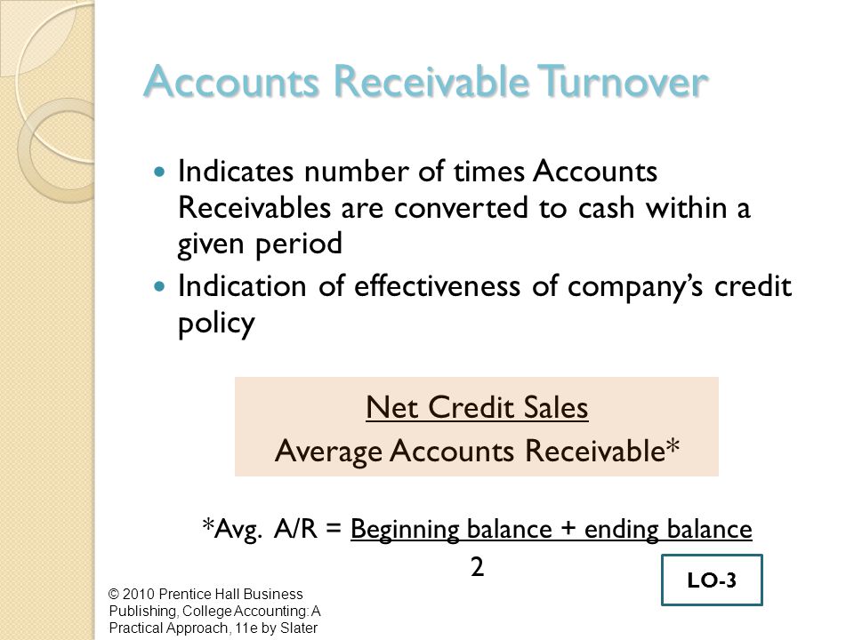 Accounts Receivable Turnover Indicates number of times Accounts Receivables are converted to cash within a given period Indication of effectiveness of company’s credit policy Net Credit Sales Average Accounts Receivable* *Avg.