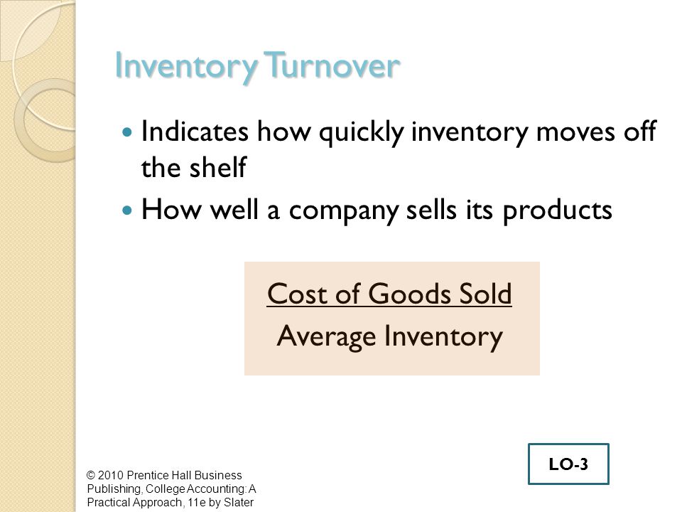 Inventory Turnover Indicates how quickly inventory moves off the shelf How well a company sells its products Cost of Goods Sold Average Inventory © 2010 Prentice Hall Business Publishing, College Accounting: A Practical Approach, 11e by Slater LO-3