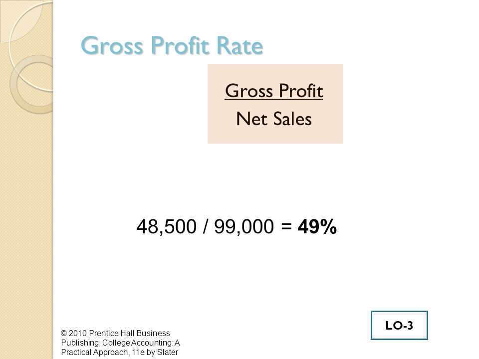 Gross Profit Rate Gross Profit Net Sales © 2010 Prentice Hall Business Publishing, College Accounting: A Practical Approach, 11e by Slater 48,500 / 99,000 = 49% LO-3