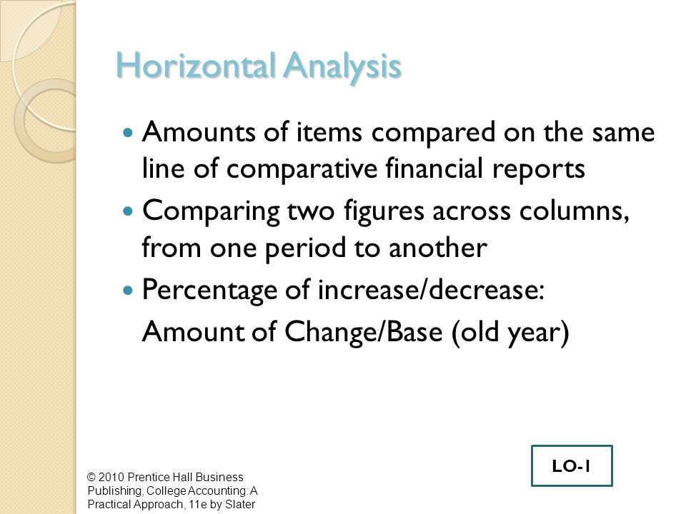 Horizontal Analysis Amounts of items compared on the same line of comparative financial reports Comparing two figures across columns, from one period to another Percentage of increase/decrease: Amount of Change/Base (old year) © 2010 Prentice Hall Business Publishing, College Accounting: A Practical Approach, 11e by Slater LO-1