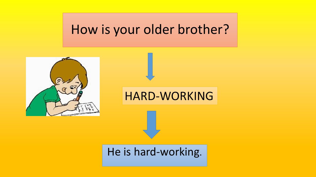 How is your older brother He is hard-working. HARD-WORKING