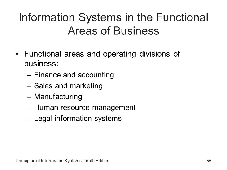 Information Systems in the Functional Areas of Business Functional areas and operating divisions of business: –Finance and accounting –Sales and marketing –Manufacturing –Human resource management –Legal information systems Principles of Information Systems, Tenth Edition56
