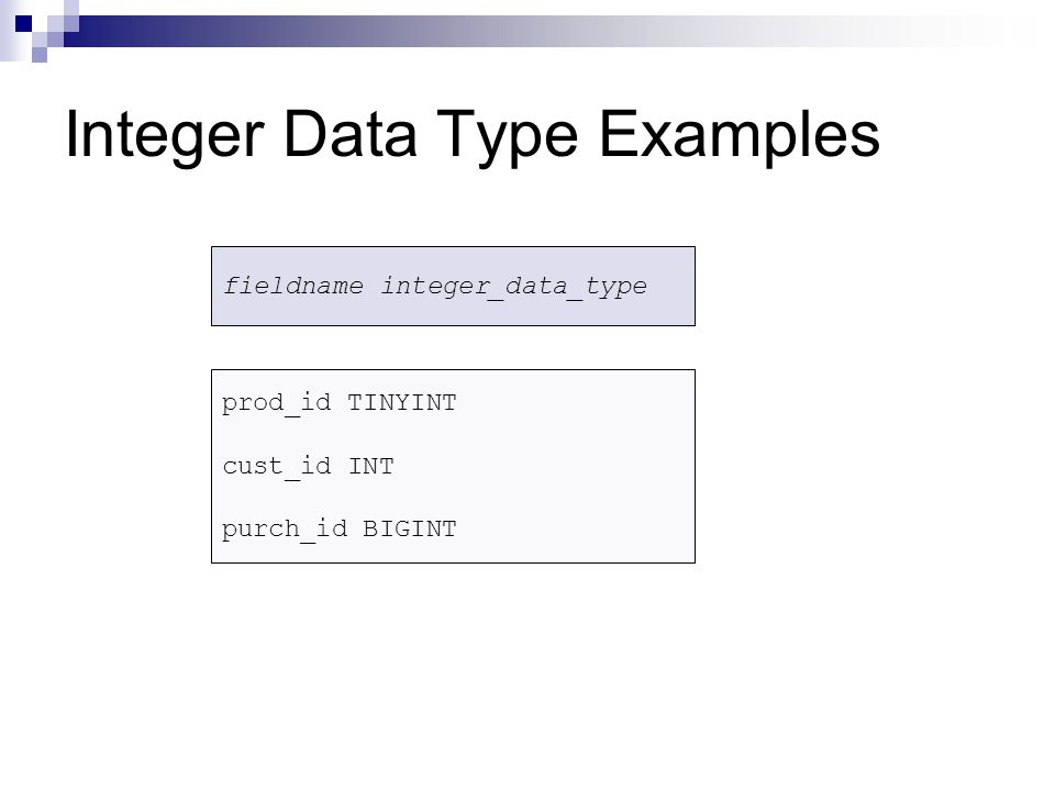 Integer Data Type Examples fieldname integer_data_type prod_id TINYINT cust_id INT purch_id BIGINT