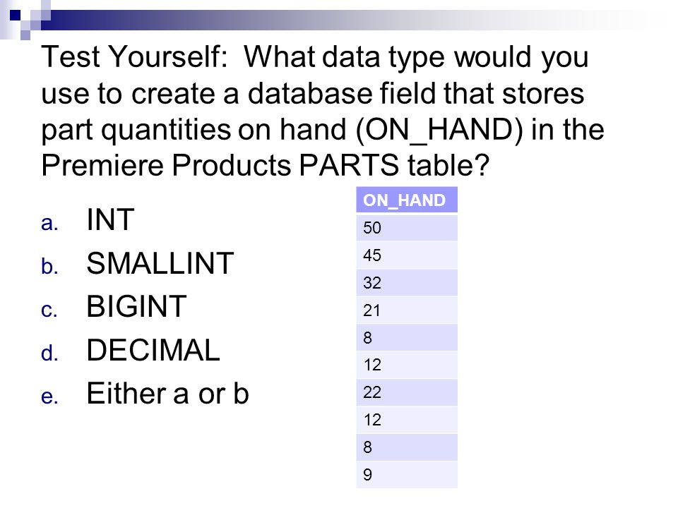 Test Yourself: What data type would you use to create a database field that stores part quantities on hand (ON_HAND) in the Premiere Products PARTS table.