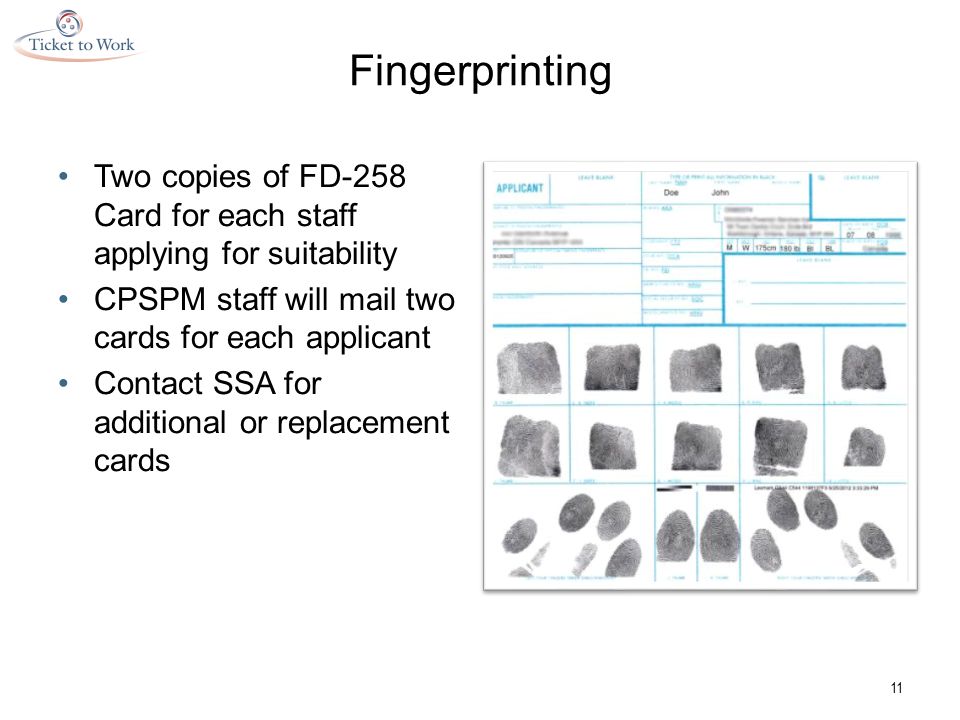 Fingerprinting Two copies of FD-258 Card for each staff applying for suitability CPSPM staff will mail two cards for each applicant Contact SSA for additional or replacement cards 11
