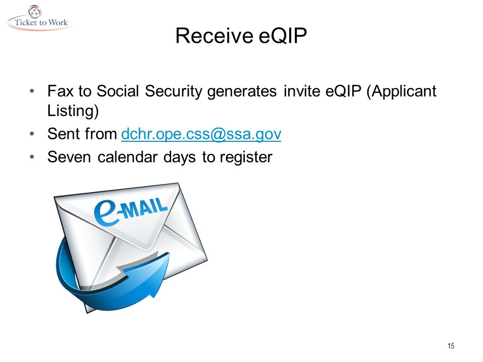 Receive eQIP Fax to Social Security generates invite eQIP (Applicant Listing) Sent from Seven calendar days to register 15