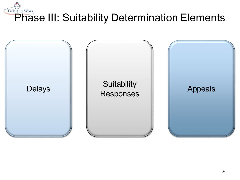 Phase III: Suitability Determination Elements 24 Delays Suitability Responses Appeals