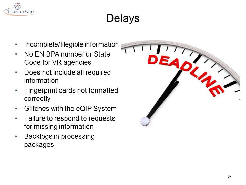 Delays Incomplete/Illegible information No EN BPA number or State Code for VR agencies Does not include all required information Fingerprint cards not formatted correctly Glitches with the eQIP System Failure to respond to requests for missing information Backlogs in processing packages 25